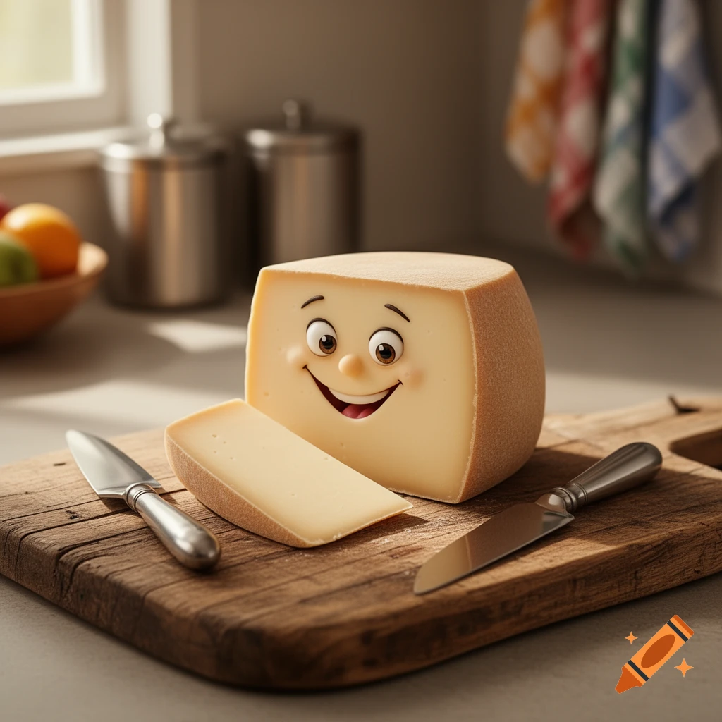 A photorealistic block of cheese with a goofy, happy cartoon face, a slice cut, and two knives on a wooden cutting board in a kitchen.