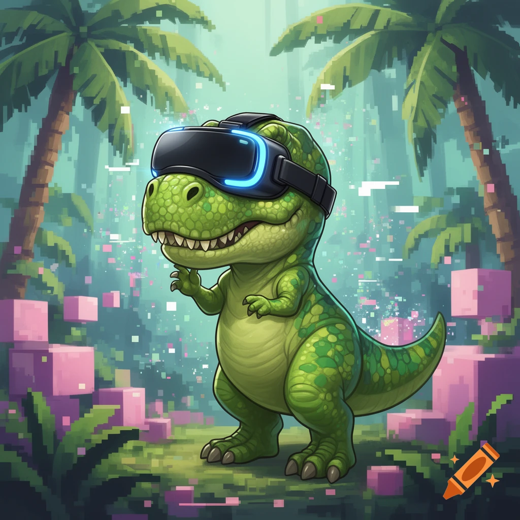 A cartoony green T-rex wearing glowing blue VR goggles stands in a pixelated tropical forest.