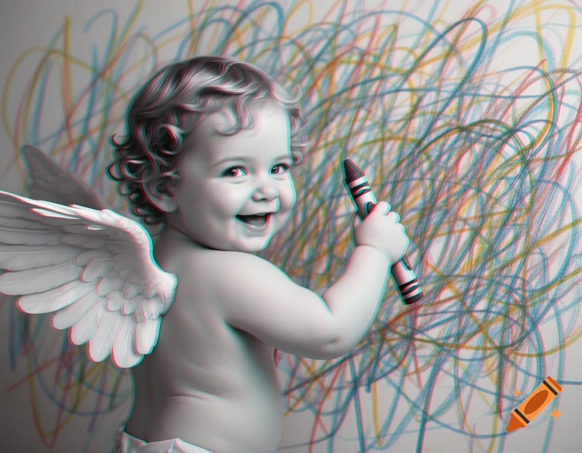 Smiling baby cherub with wings drawing colorful scrawls on a wall, presented in anaglyph style.