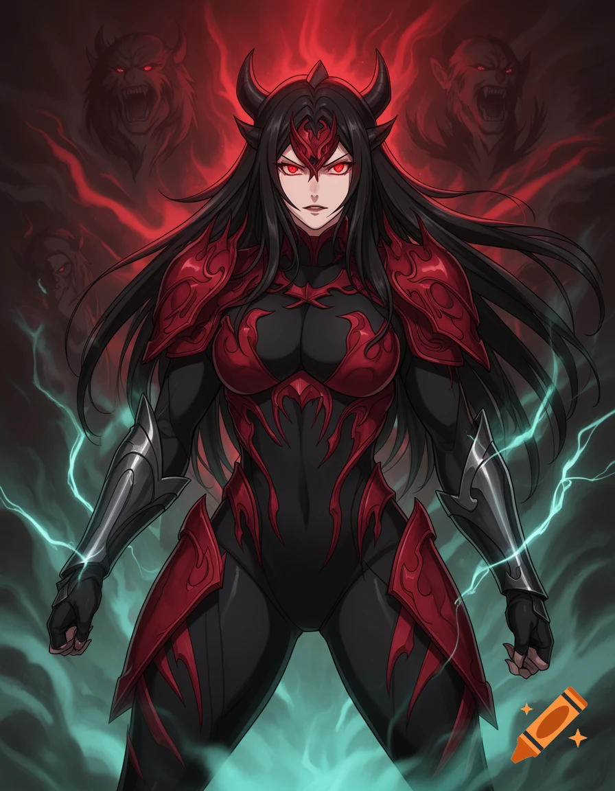 Anime-style demon girl with black hair, red eyes, horns, and red and black armored suit, surrounded by red and teal energy and shadowy wolf-like spirits.