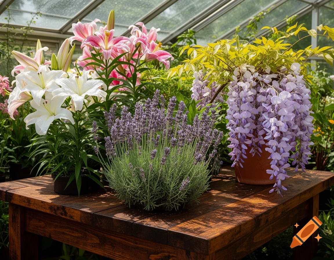 Potted white and pink lilies, lavender, and purple wisteria on a wooden table inside a sunlit greenhouse.