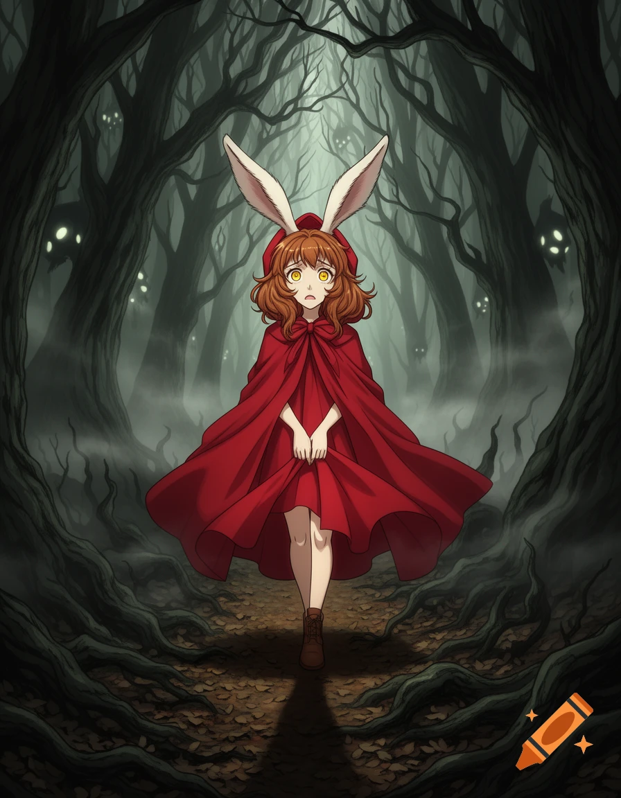 An anxious anime girl with bunny ears and a red cloak stands in a dark, spooky forest with glowing eyes.