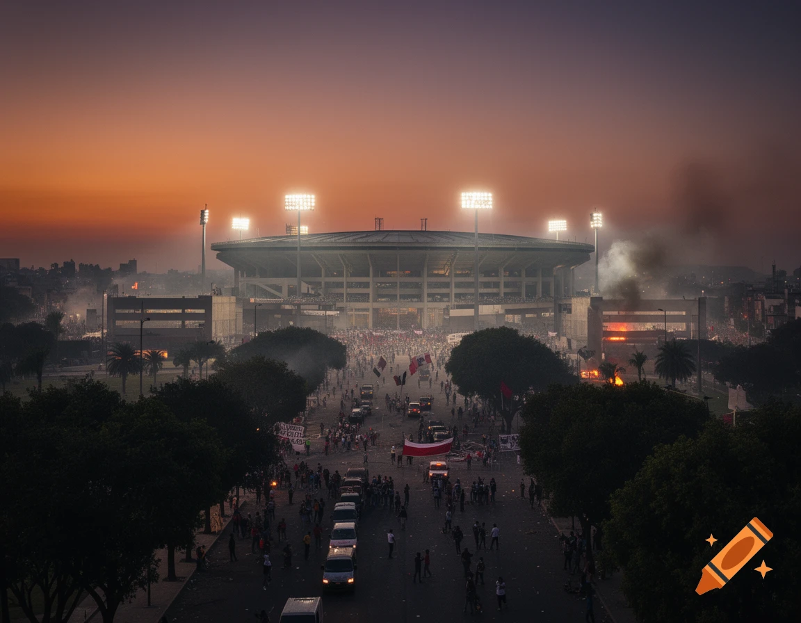 Football stadium at dusk with bright lights, surrounded by a large crowd, fires, and smoke from civil unrest.