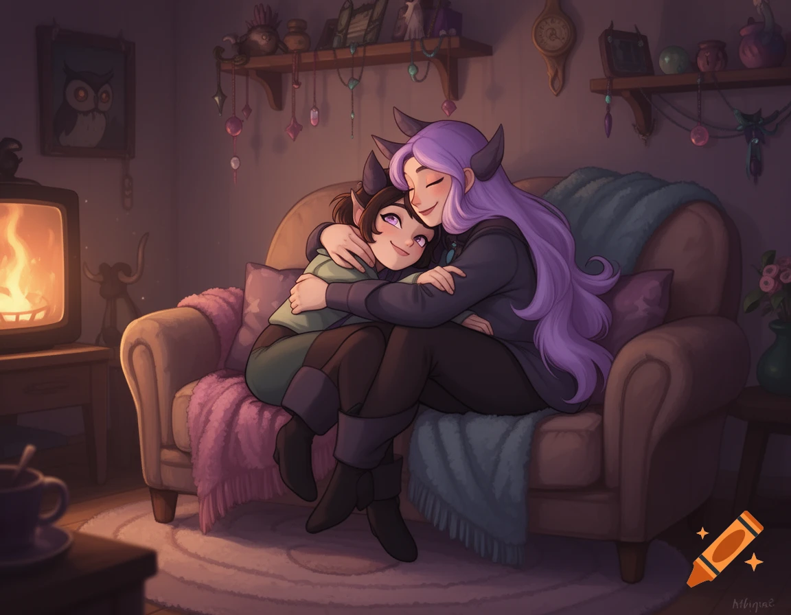 Two horned characters, one with long purple hair and another with brown hair, cuddle on a cozy brown couch in a dimly lit room with a fireplace.