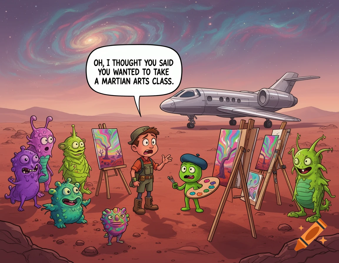 Cartoon of a boy on Mars with a group of colorful aliens and easels, one alien is an art teacher. A spaceship is in the background.