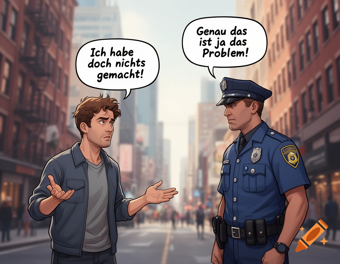 A man with outstretched hands talks to a police officer on a city street, with speech bubbles, in a comic book style.