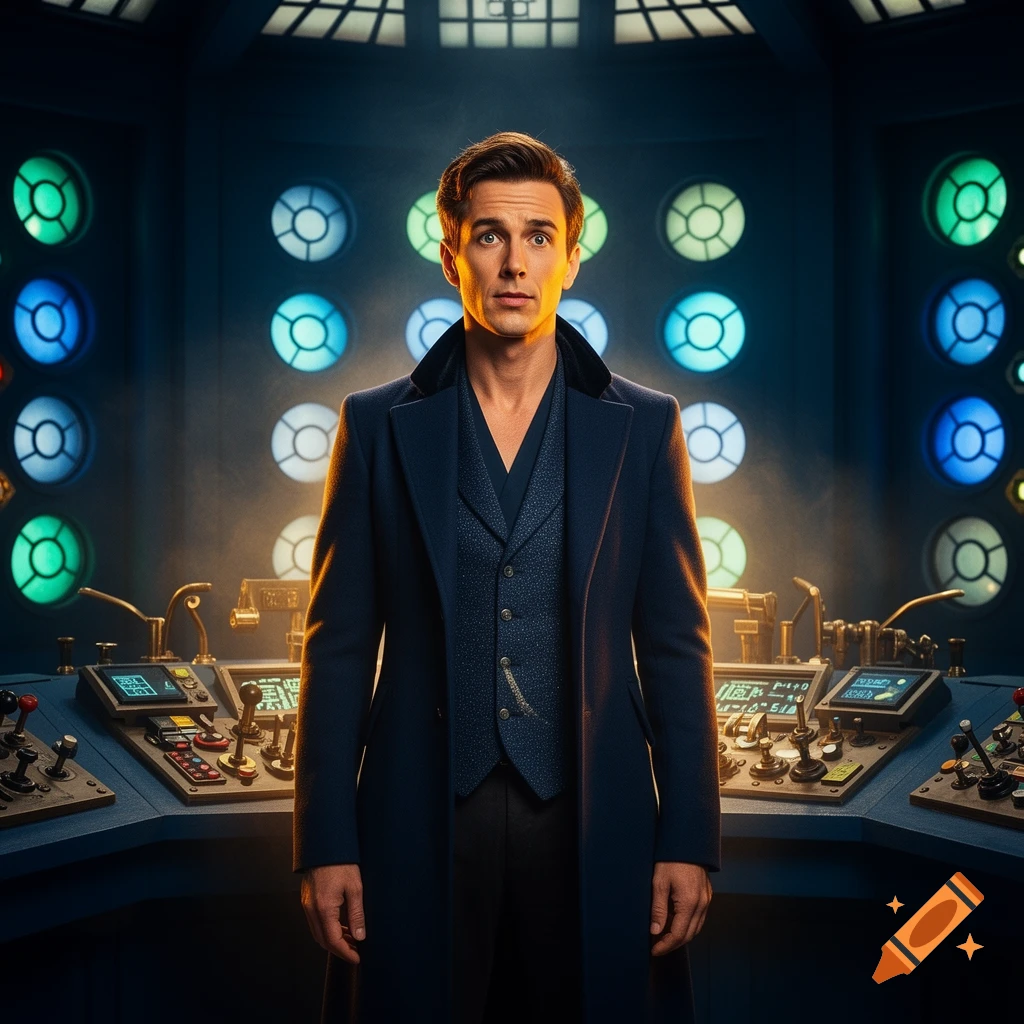 A man in a dark blue coat and waistcoat stands in a futuristic control room with glowing circular panels, looking surprised.
