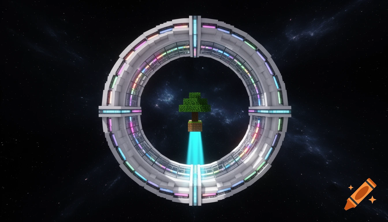 A Minecraft-style futuristic space station shaped like a torus, with a blocky tree suspended by a cyan tractor beam in its center, against a starry nebula background.