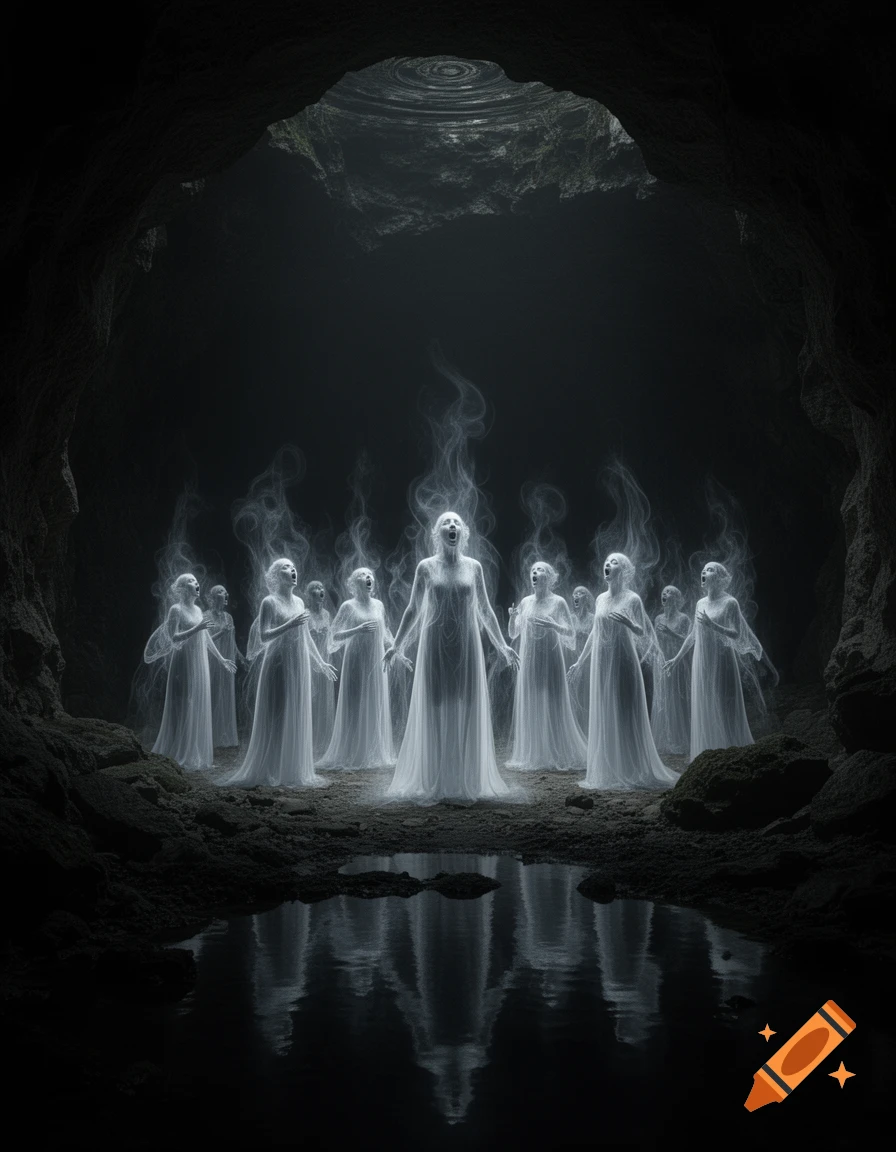 Ethereal, glowing figures with open mouths stand in a dark, atmospheric cave with water reflections.