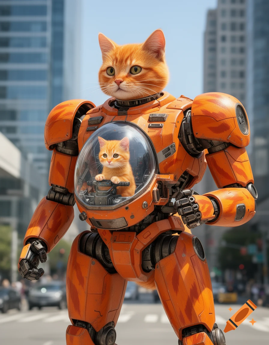 A giant orange cat mecha with an orange cat head stands on a city street, while a smaller orange cat pilots it from a cockpit in its chest.