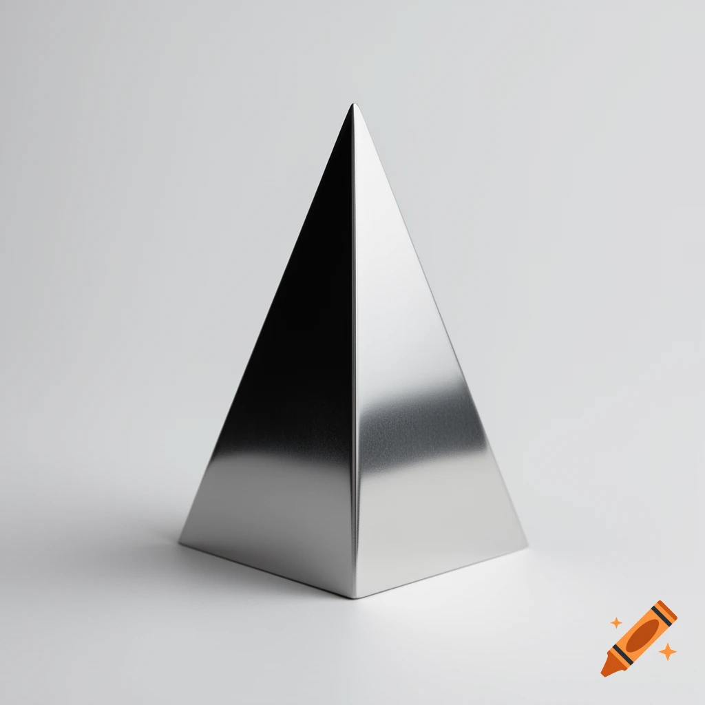 A shiny metallic pyramid with sharp edges on a bright white background.