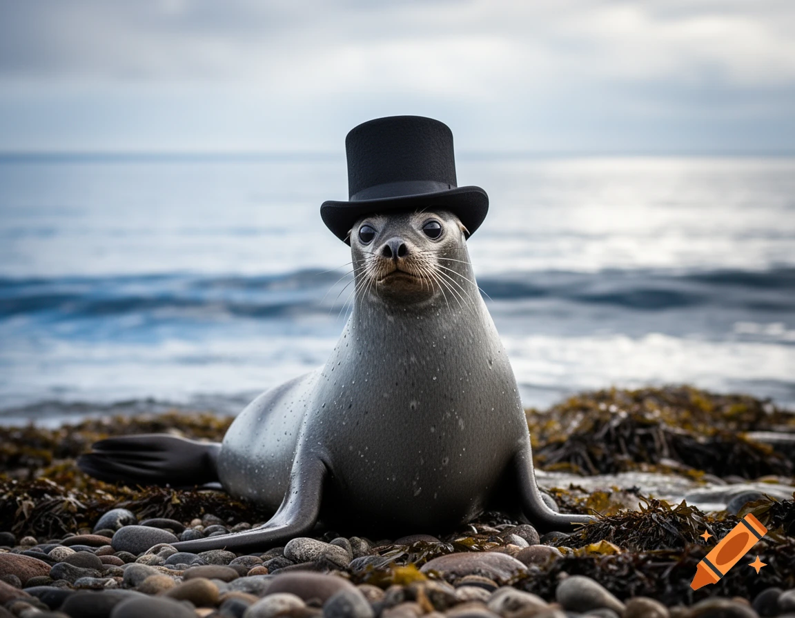 A seal wearing a black top hat sits on a rocky beach by the ocean under a cloudy sky.
