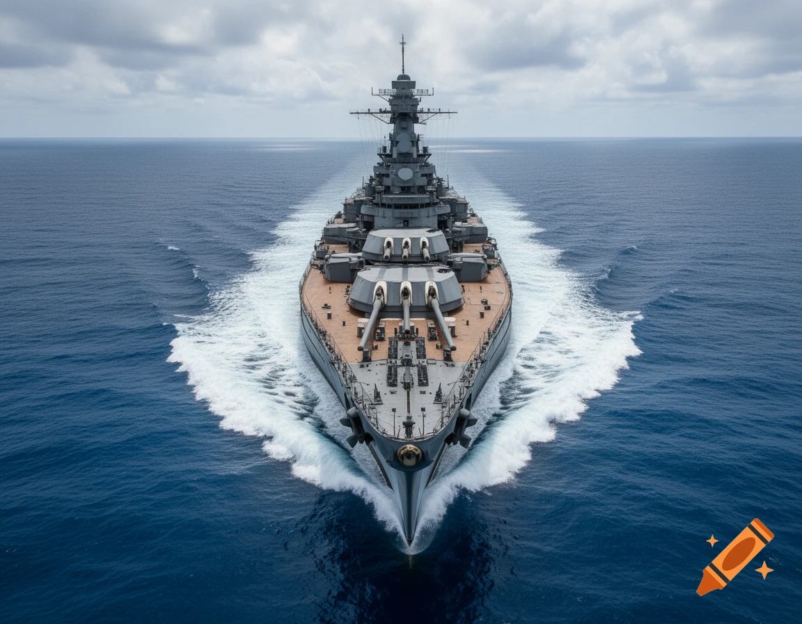 A large grey battleship cruises head-on through blue ocean waters under a cloudy sky, leaving a white wake.