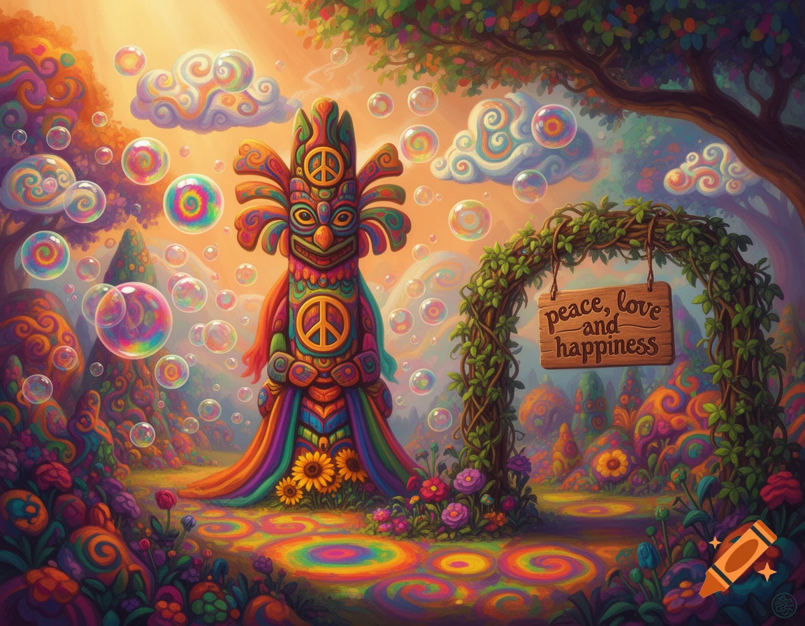 Vibrant psychedelic forest with a colorful totem figure, peace symbols, floating bubbles, and a 'peace, love and happiness' sign.