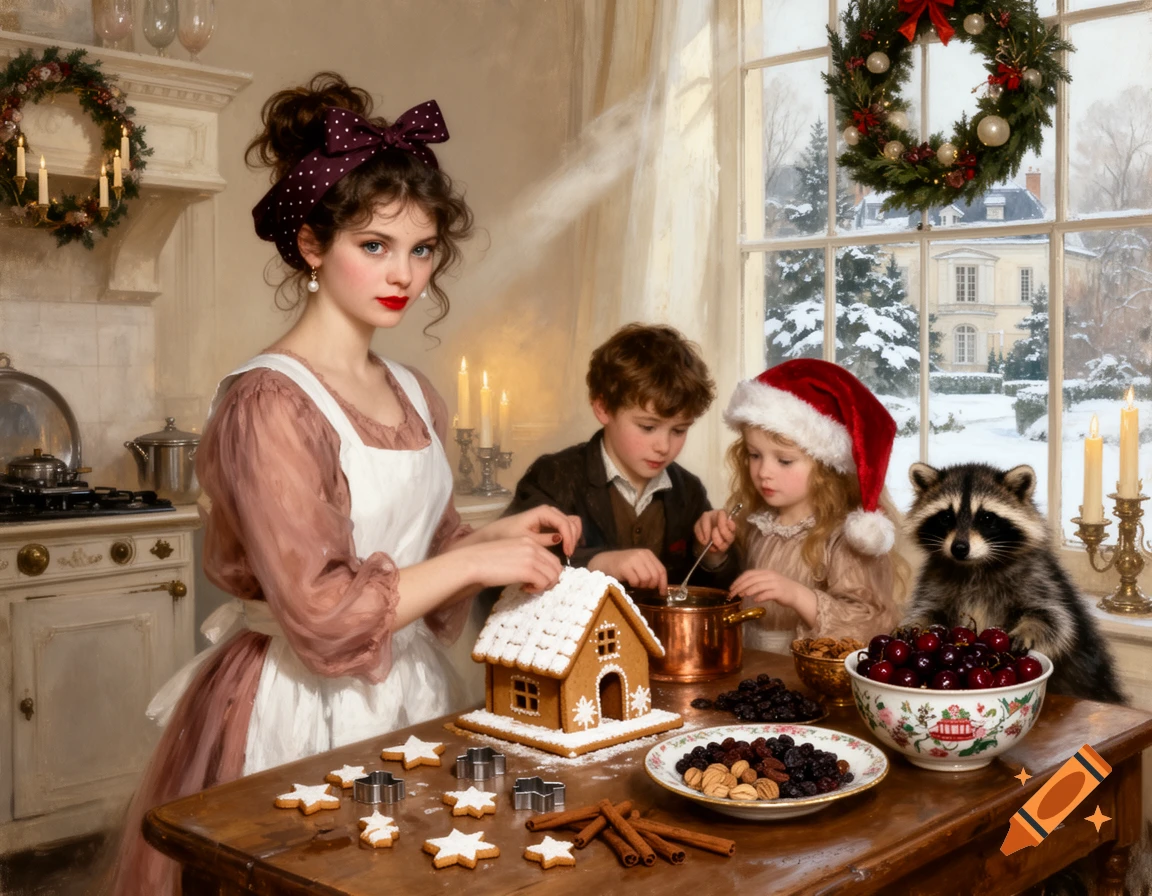 An oil painting shows a woman, two children, and a raccoon decorating a gingerbread house in a festive kitchen with a snowy window view.