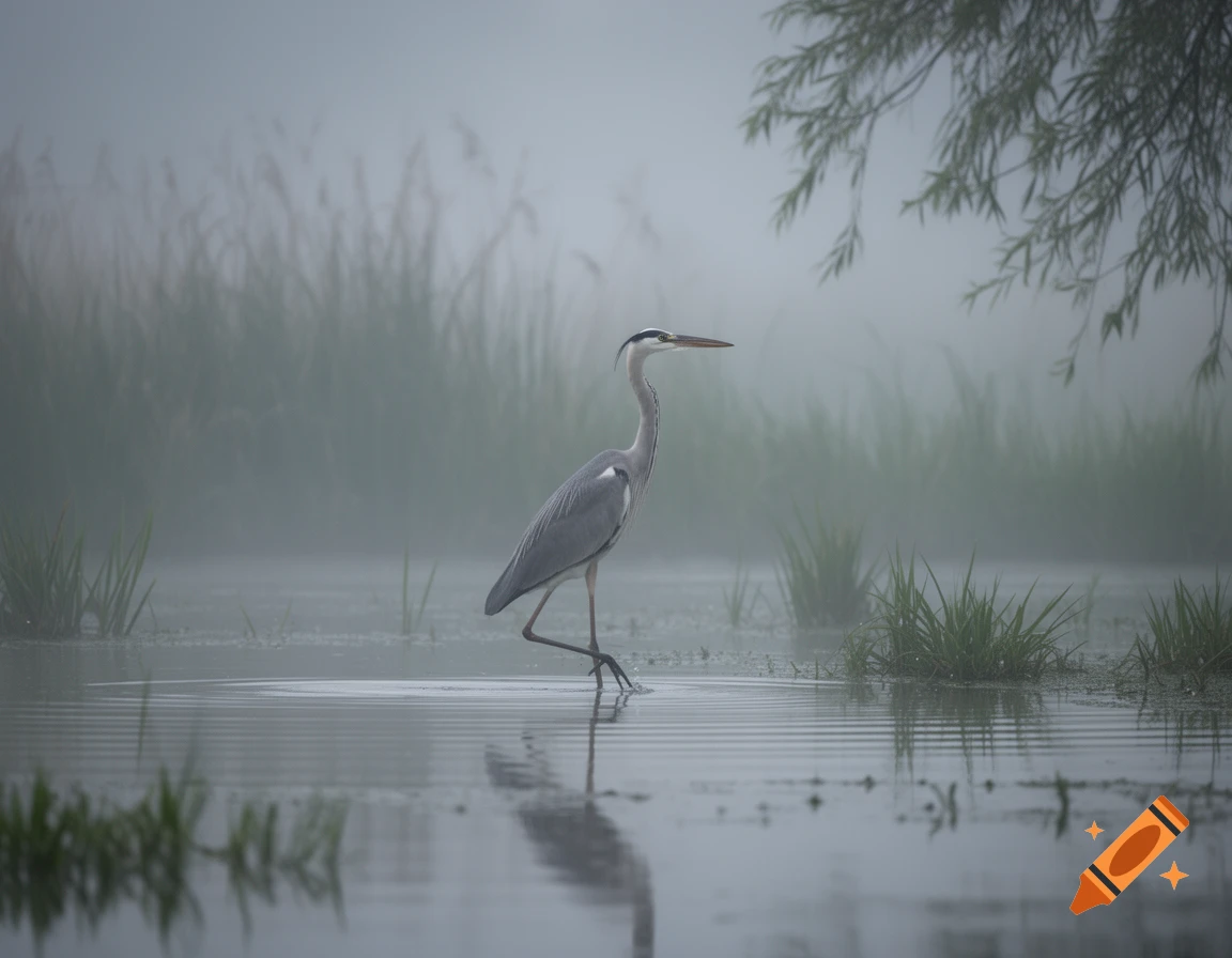 A grey heron stands in shallow, misty water with tall grass and a tree branch hanging from above.