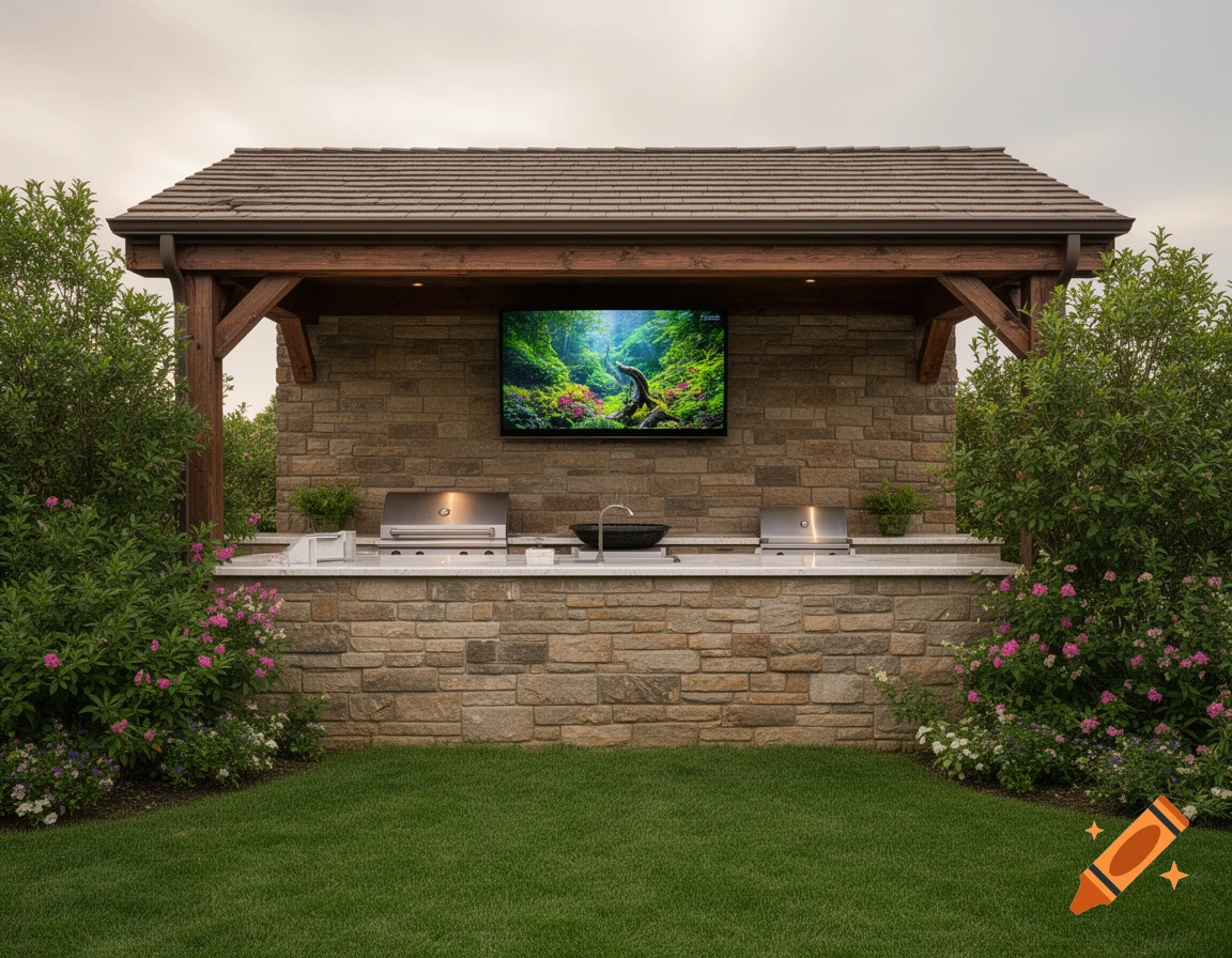 Photorealistic outdoor kitchen with stone wall, grills, sink, and TV under a wooden roof, surrounded by green lawn and flowering plants.