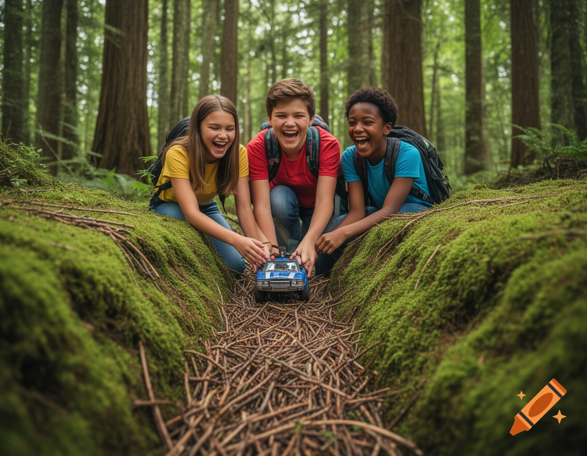 Three laughing children play in a mossy forest ravine, pushing a blue toy car over sticks.