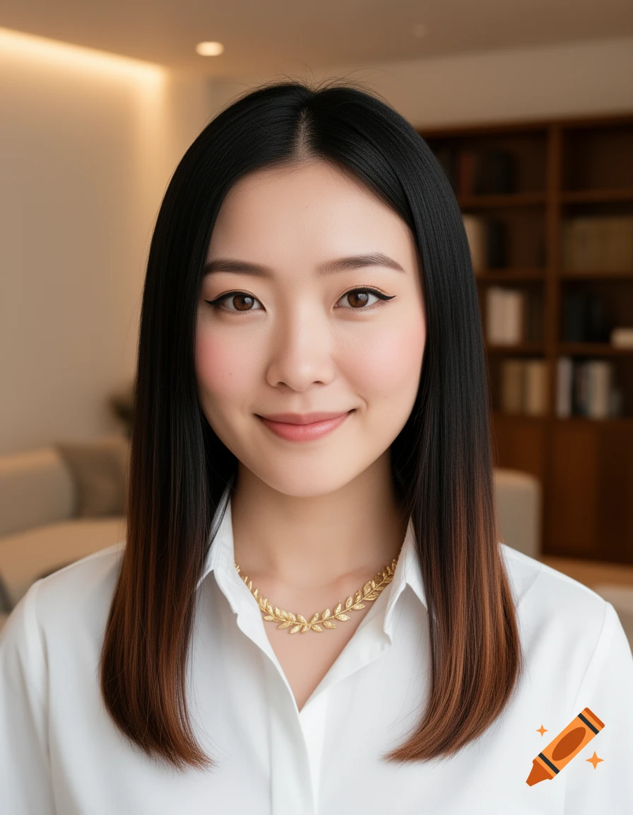 Photorealistic portrait of a young woman with long dark ombr r e hair, a gentle smile, wearing a white shirt and gold leaf necklace.