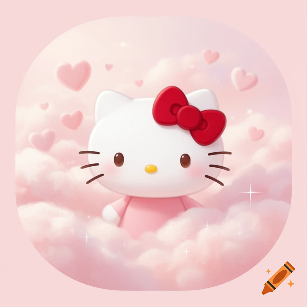 Cute illustration of Hello Kitty peeking from pink clouds, surrounded by floating pink hearts on a light pink background.