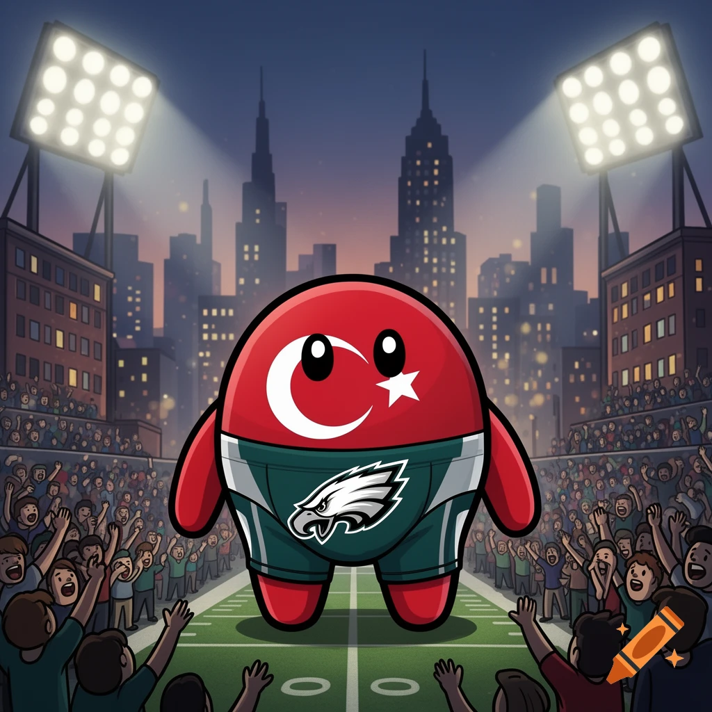 A cartoon Turkiye Countryball character in Philadelphia Eagles underwear stands on a football field with a cheering crowd and city skyline.