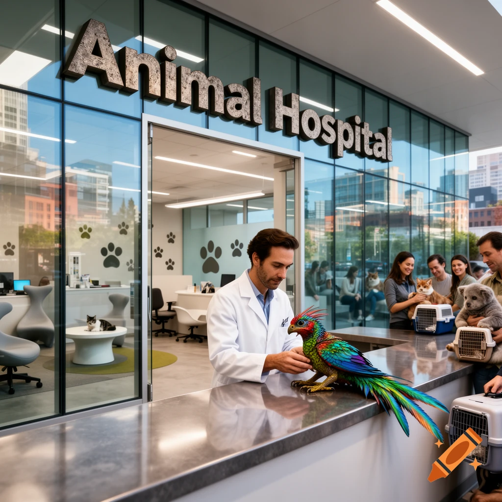 A veterinarian examines a vibrant, colorful bird on a counter at a photorealistic animal hospital, with people and pets in the background.
