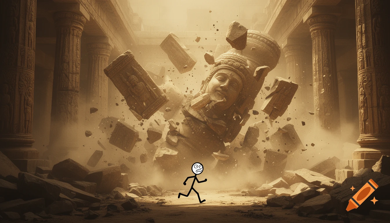 A cartoon stick figure runs from a collapsing ancient temple, surrounded by falling stones and dust.