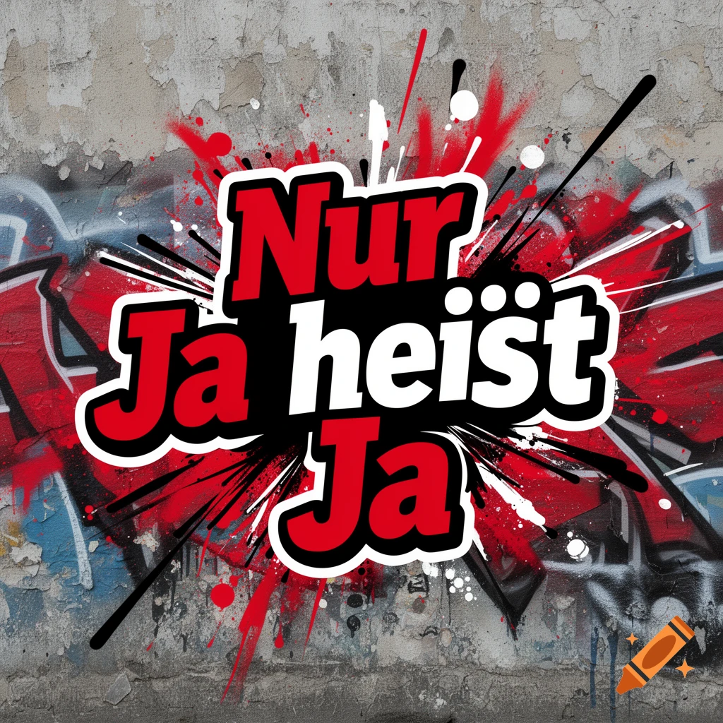A red and white 'Nur Ja hei rst Ja' sticker on a graffiti-covered concrete wall.