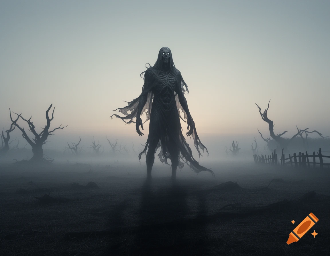 A skeletal, hooded nightmare entity with glowing eyes stands in a desolate, foggy field with dead trees.