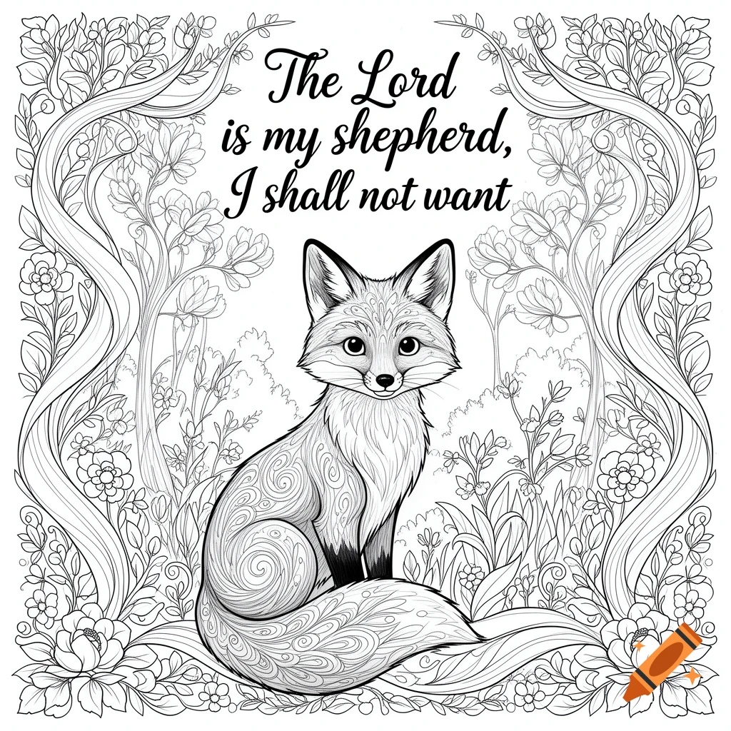 A black and white coloring page of a cute fox sitting amidst intricate flowers and swirling vines. The text 'The Lord is my shepherd, I shall not want' is at the top.