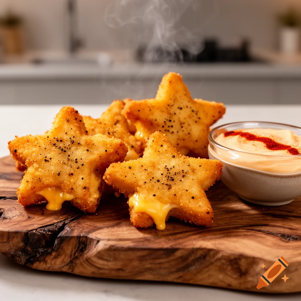 Crispy star-shaped fried cheese nuggets, sprinkled with pepper, oozing melted cheese, served hot on a wooden board with a side of creamy red dipping sauce.