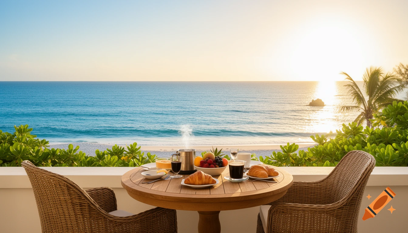 A photorealistic image of a breakfast table on a balcony overlooking a serene blue ocean and white sand beach at sunrise.