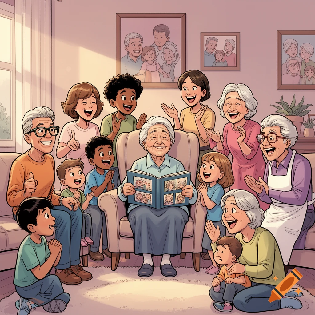 A multi-generational family, including grandparents and children, happily gathered in a living room, looking at a photo album in comic style.