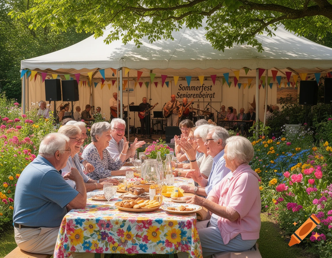 Elderly people enjoy an outdoor summer festival with food and live music under a tent, surrounded by colorful flowers.