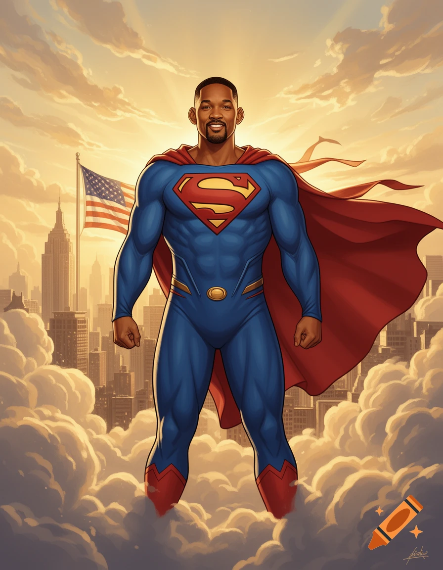 Will Smith as Superman floats above a city with an American flag in a comic art style.