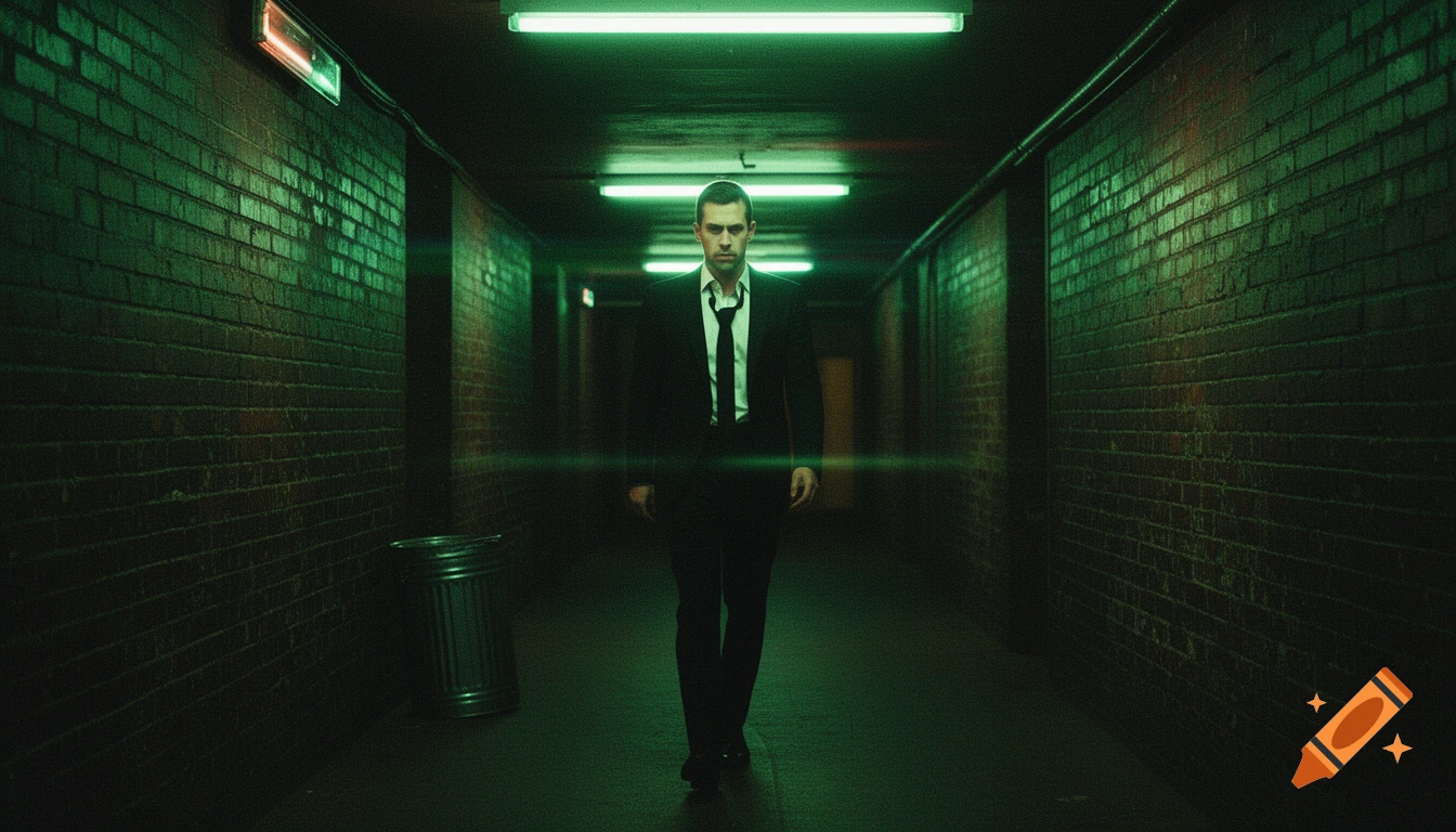 A man in a black suit with a loosened tie walks down a dark, green-lit brick corridor, with a trash can.