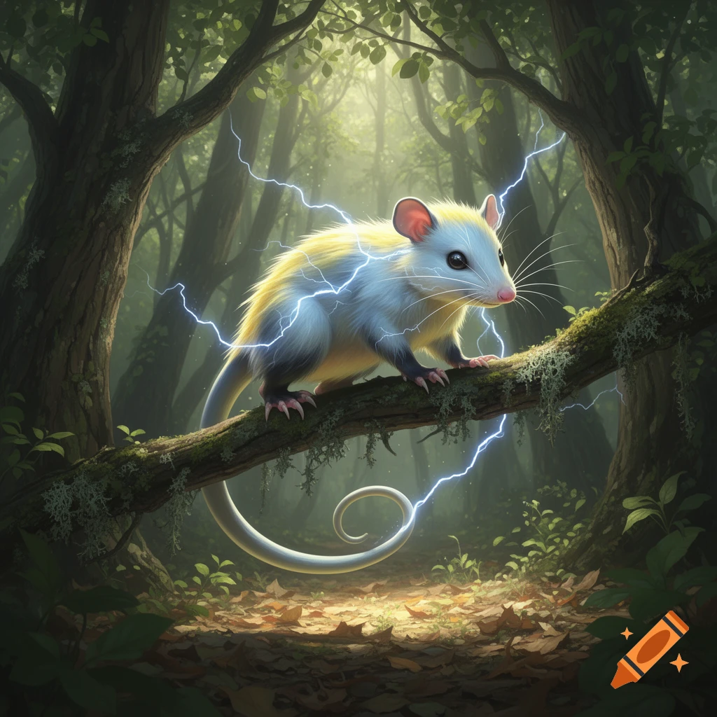 An electric-type opossum creature with glowing yellow fur and lightning arcs, perched on a mossy tree branch in a sunlit forest.