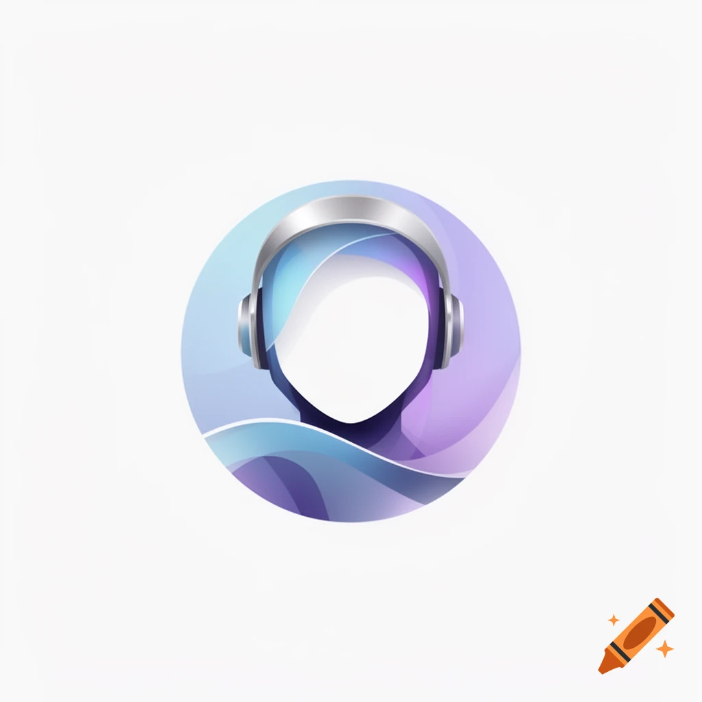 Abstract round icon of a faceless head with silver headphones, in blue and purple gradients.