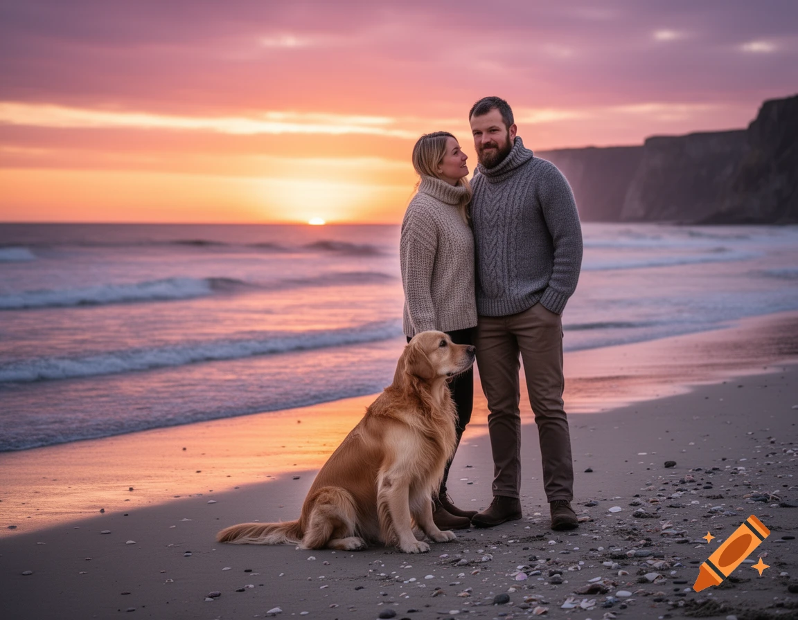 A photorealistic image of a couple and a golden retriever dog on a beach at sunset, with waves in the background.