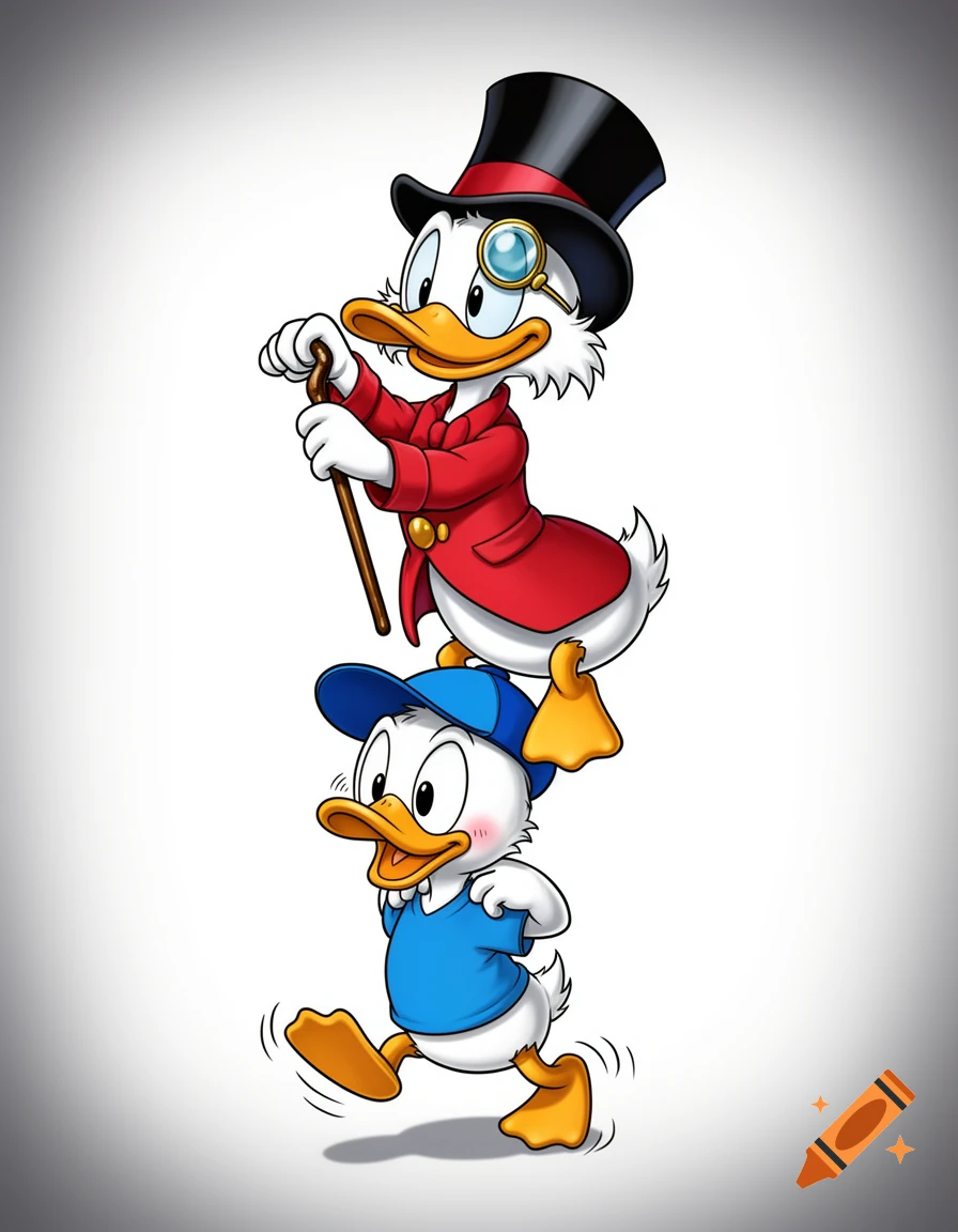 Scrooge McDuck in a top hat and red coat sits on Dewey Duck's shoulders. Dewey wears a blue cap and t-shirt, struggling.