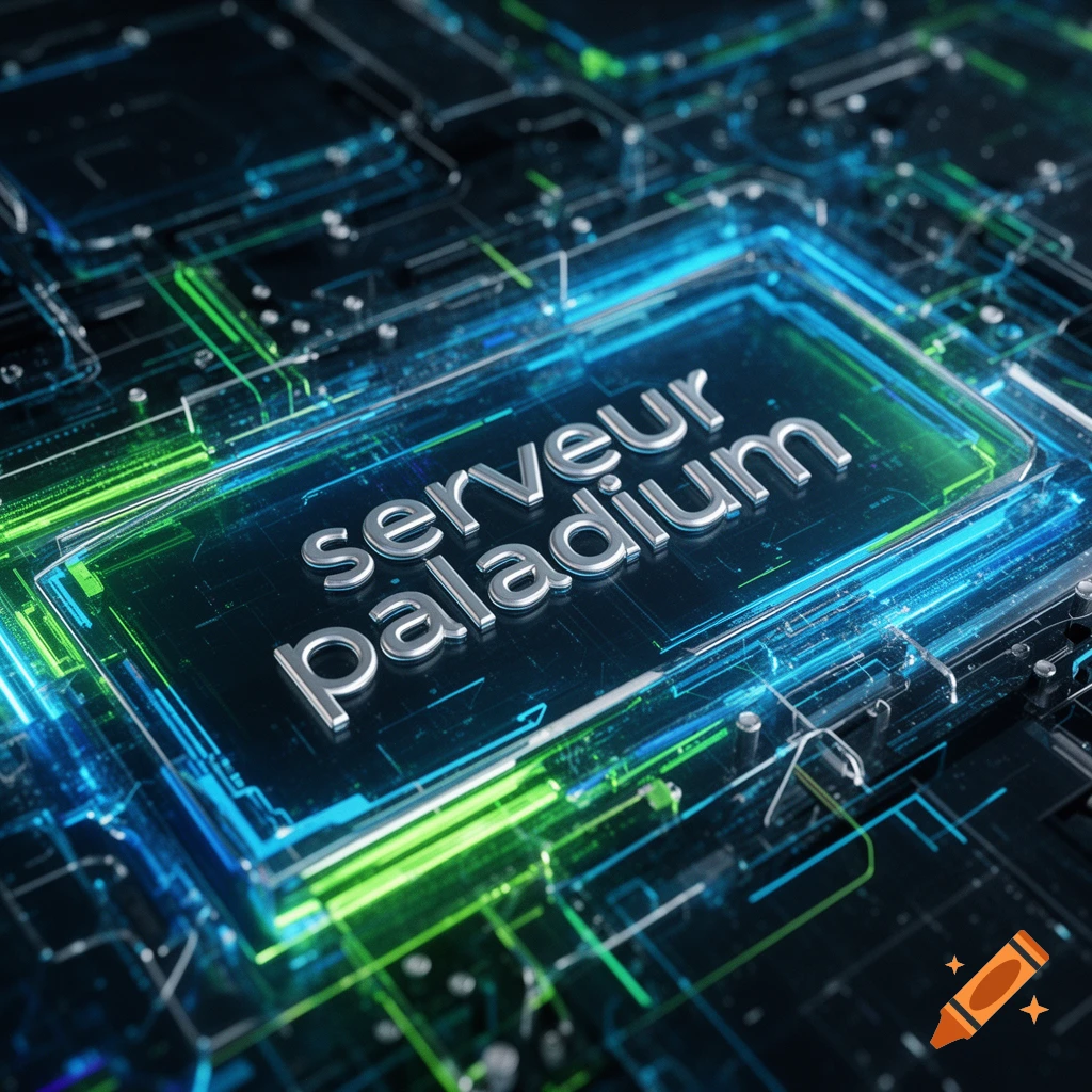 Close-up of a futuristic server circuit board with glowing blue and green lines, featuring 3D text 'serveur paladium' in the center.