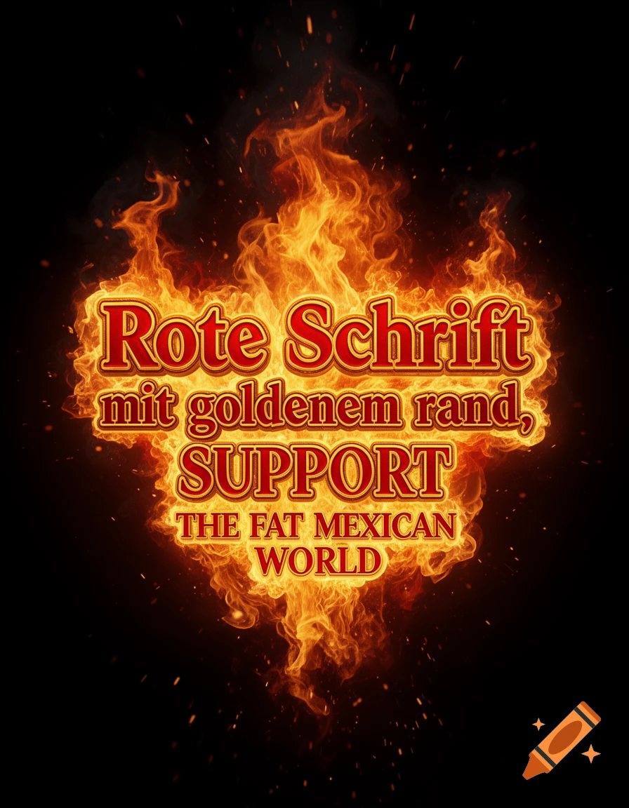 Red text with a golden border saying 'Rote Schrift mit goldenem rand, SUPPORT THE FAT MEXICAN WORLD', engulfed in bright orange flames on a dark background.
