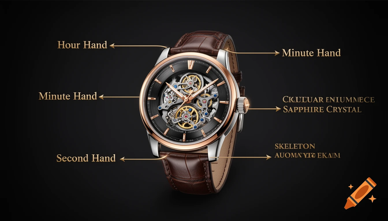 A photorealistic rose-gold and stainless-steel skeleton watch with a brown leather strap, presented as a technical infographic with labeled components.