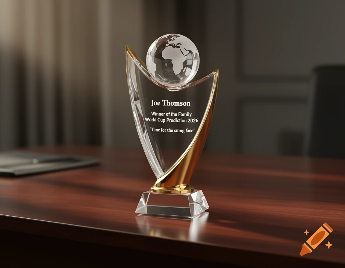 A photorealistic 3D render of a luxury crystal and gold sports trophy with a miniature globe on top, engraved with text.