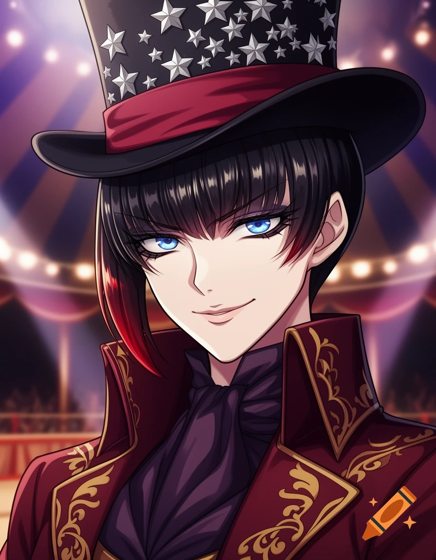 An anime-style close-up of a circus ring leader with a star-studded top hat and a red and gold jacket.