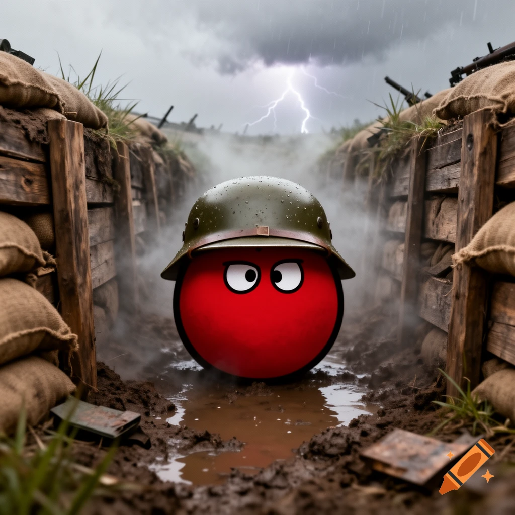 A red countryball character wearing a green military helmet stands in a muddy trench under a stormy, lightning-filled sky.