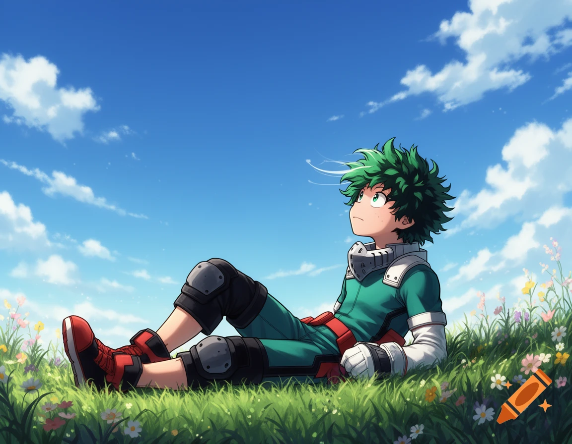 Anime character Izuku Midoriya lies on a grassy field with flowers, looking up at a blue sky with clouds.