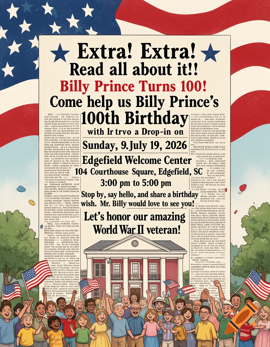 A cartoon newspaper announces Billy Prince's 100th birthday and WWII veteran honor, with a crowd waving American flags below.