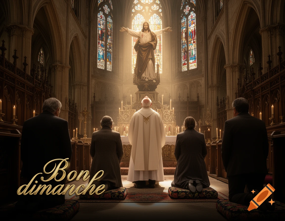 People kneel in a grand church facing a priest and a glowing Jesus statue under stained glass. Text 'Bon dimanche'.