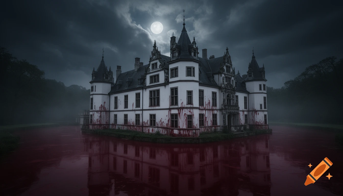 An eerie Gothic castle with dark red liquid filling its moat, reflecting the full moon under a stormy, foggy night.